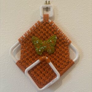 Handcrafted Orange Macrame Wall Hanging with Green Butterfly VTG
